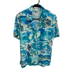 GW Petite Hawaiian Button-Up Shirt Tropical Print Blue Green Rayon Womens Size P